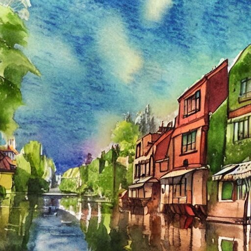 Beautiful happy picturesque charming sci-fi town in harmony with nature. Beautiful light. Water and plants. Nice colour scheme, soft warm colour. Beautiful detailed artistic watercolor by Olivia. (2022)