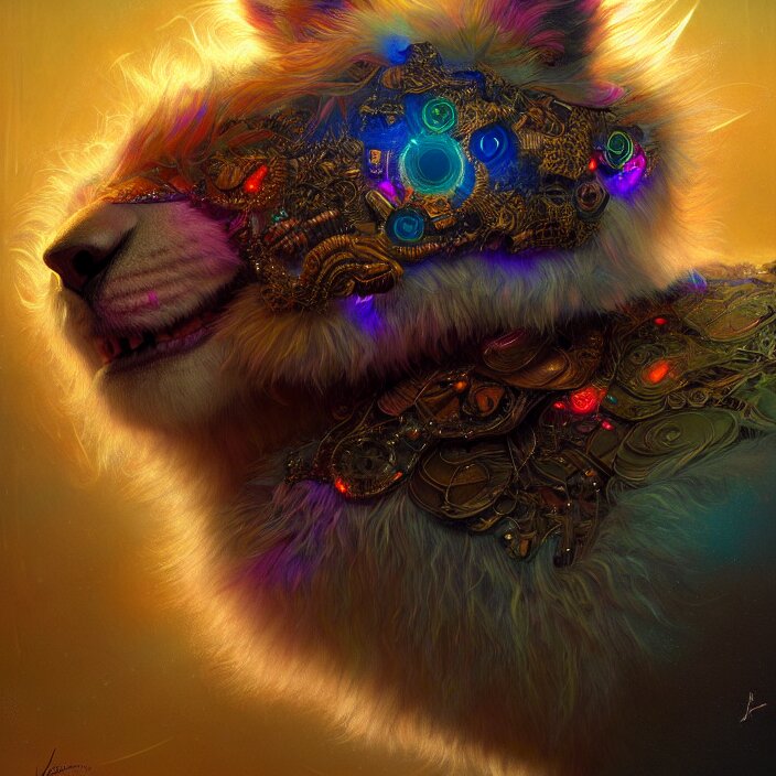 psychedelic fluffy furry animal cyborg, diffuse lighting, fantasy, intricate, elegant, highly detailed, lifelike, photorealistic, digital painting, artstation, illustration, concept art, smooth, sharp focus, art by John Collier and Albert Aublet and Krenz Cushart and Artem Demura and Alphonse Mucha