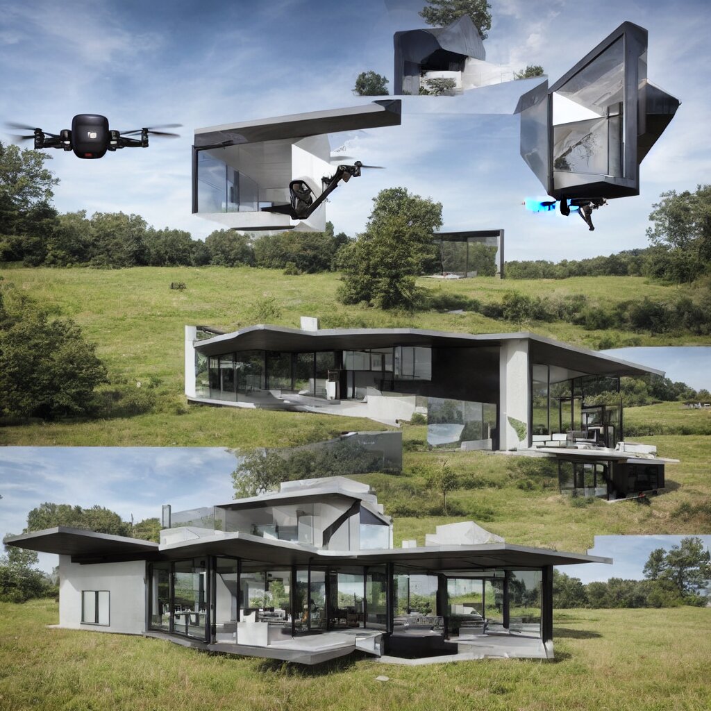 hybrid modern home mixed with a drone, a drone home, hovering over a field 