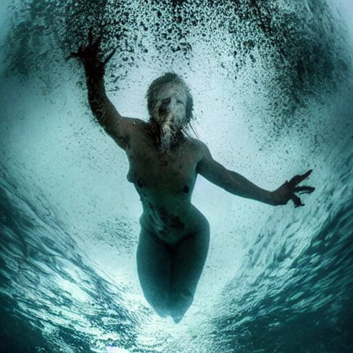 sea monster, wide angle, pov underwater, pale skin, dark, foggy water, dramatic,'silent hill ', big eyes, terrifying, horrific, cinematic 