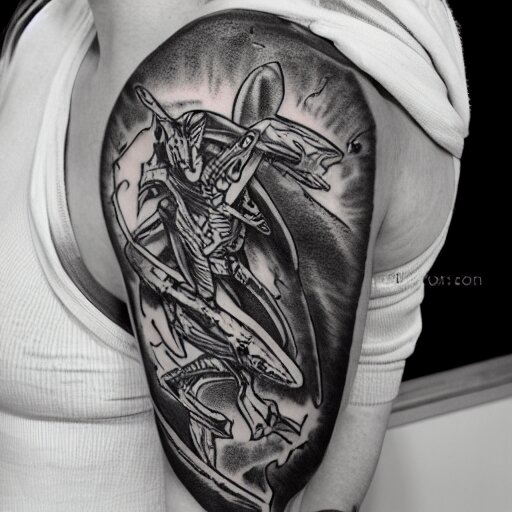 flash tattoo of skeleton riding rocket in the shape of shark, black and white by sailor jerry, curt montgomery, bangbangnyc, ryan ashley, killkenny 