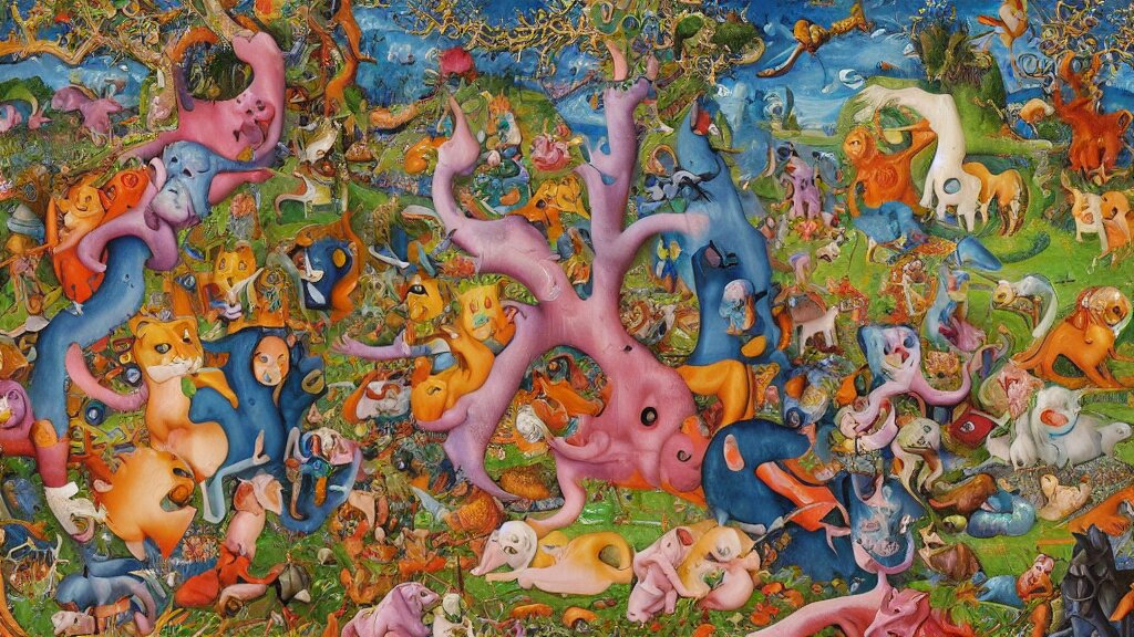 an incredibly detailed masterpiece collaborative painting by bosch and lisa frank, ornate, detailed, high resolution, wow!, intricate