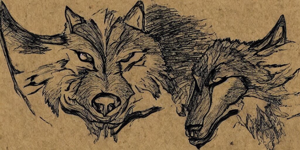 face of a wolf in the style of a medieval fantasy map, mountains, forests.  Skyrim, Lord of the Rings map, Zelda Breath of the Wild map, drawing on parchment