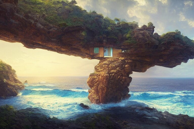 lovely a - frame home sits atop a broad cliff, overlooking the entirety of the blue sky, digital painting by greg rutkowski and gaston bussiere, zbrush, cgsociety contest winner, comprehensive art, intricate, landscape photography, brightly radiant atmosphere, overcast sky, homogeneous to hawaii, 4 k, 8 k 