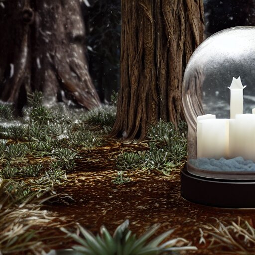 Snow globe, candles, Gustav Klutsis, octane render, Fallout, Pietro Fragiacomo, Legend of Zelda, mist, snow, pine tree, Aloe vera, swamp, dollar bill, shed