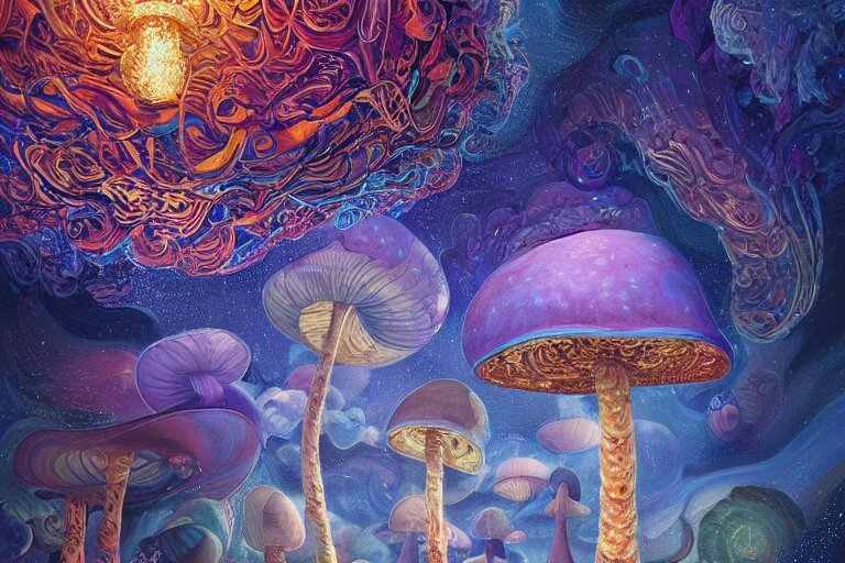 trippy cosmic mushroom, oil on canvas, intricate, portrait, 8k highly professionally detailed, HDR, CGsociety, illustration painting by Mandy Jurgens and Małgorzata Kmiec and Dang My Linh and Lulu Chen and Alexis Franklin and Filip Hodas and Pascal Blanché and Bastien Lecouffe Deharme, detailed intricate ink illustration, heavenly atmosphere, detailed illustration, hd, 4k, digital art, overdetailed art, concept art, complementing colors, trending on artstation, Cgstudio, the most beautiful image ever created, dramatic, subtle details, illustration painting by alphonse mucha and frank frazetta daarken, vibrant colors, 8K, style by Wes Anderson, award winning artwork, high quality printing, fine art, gold elements, intricate, epic lighting, very very very very beautiful scenery, 8k resolution, digital painting, sharp focus, professional art, atmospheric environment, art by artgerm and greg rutkowski, by simon stålenhag, rendered by Beeple, by Makoto Shinkai, syd meade, 8k ultra hd, artstationHD, 3d render, hyper detailed, elegant, by craig mullins and marc simonetti, Ross Tran and WLOP, by Andrew Wyeth and Gerald Brom, John singer Sargent and James gurney