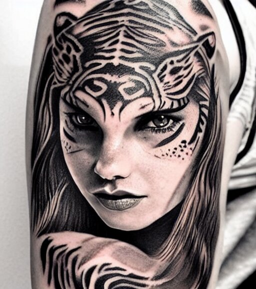 tattoo design of a beautiful girl warrior under a tiger head, hyper realistic, realism tattoo, by eliot kohek, beautiful eyes, realistic face, black and white, white background 