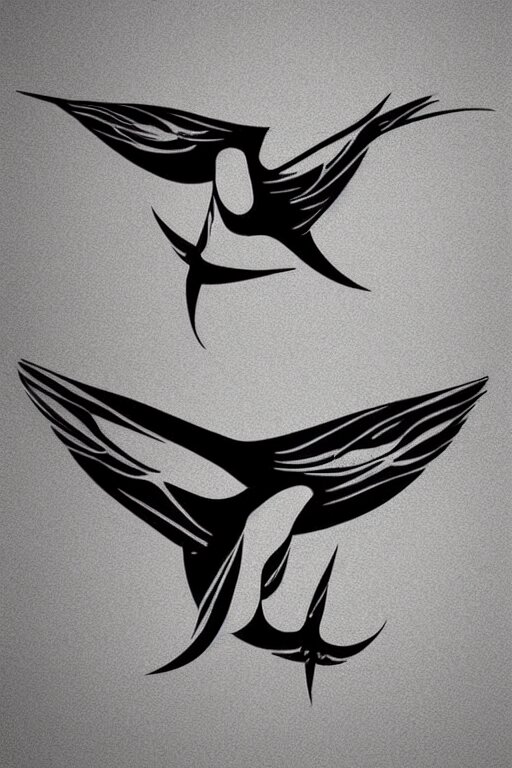 a beautiful tattoo design of minimalist flying swallows, flying into geometric spirals, black ink, abstract logo, line art 