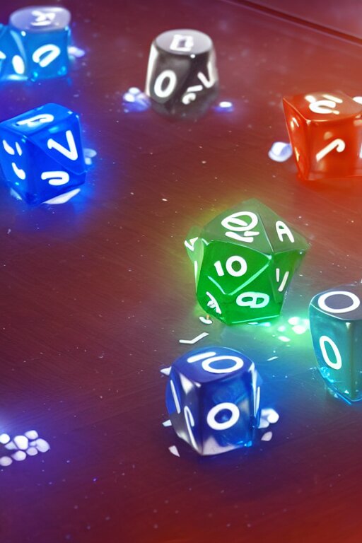 closeup, of one futuristic sci-fi Twenty sided dice, in the background players at a table that are in still high tech suites, bokeh, sharp focus, intricate concept art, highly detailed, 8k, cinematic, sharp focus