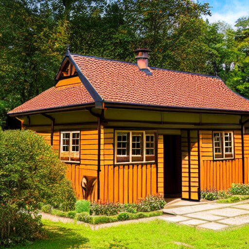 small wooden german garden house, brown, plastic roofed veranda with brown wood side fence, rembrandt style painting, extremely wide angle 