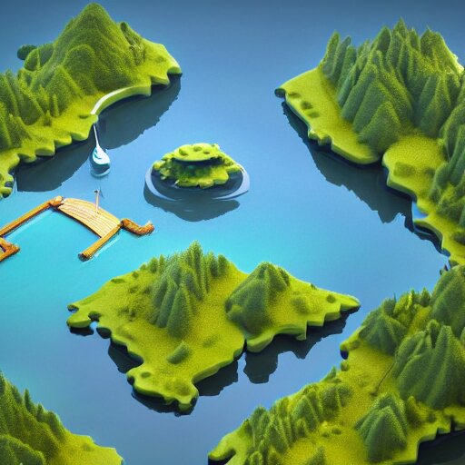 a floating island on an aquatic environment isometric art, lago di sorapis landscape, low poly art, game art, artstation, 3D render, high detail, cgsociety, octane render