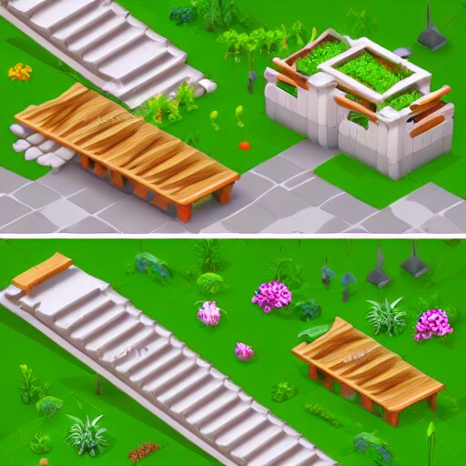 3 d mobile game prop pack is an isometric stairs but with an organic natural design that is based on different grass items - like plants with grass all inspired artstation stylized nature. around the stair, we can see flowers, grass, bushes. all in isometric perspective and semi - realistic style white background 