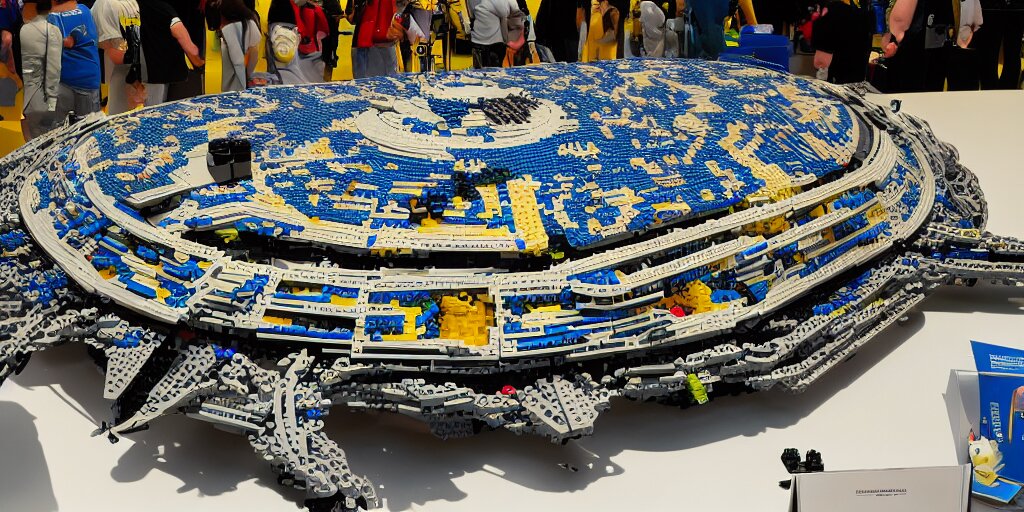 wide shot lens photo of a very intricately detailed and epically shaped 1. 2 5 m long alien lego mothership ufo kit designed by a master builder as displayed at a lego convention. 