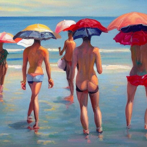 a painting of people on a beach with umbrellas, a detailed painting by Emily Mason, featured on tumblr, action painting, detailed painting, oil on canvas, painterly