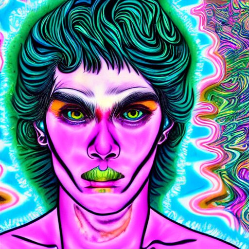 a psychedelic godlike humanoid, hyper detailed, in the style of rutkowski and junji ito and bob ross and lisa frank, selfie 