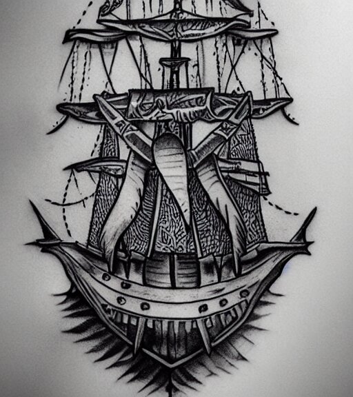 A realistic tattoo design sketch of a pirate ship, paper background, black and white tattoo, highly detailed tattoo, shaded tattoo, hyper-realistic tattoo