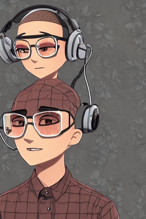 a vrchat avatar man with a buzz cut, a floral print collated shirt, a beaded bracelet, tortoise shell glasses with headphones, anime style, cel shaded, kawaii, cute 