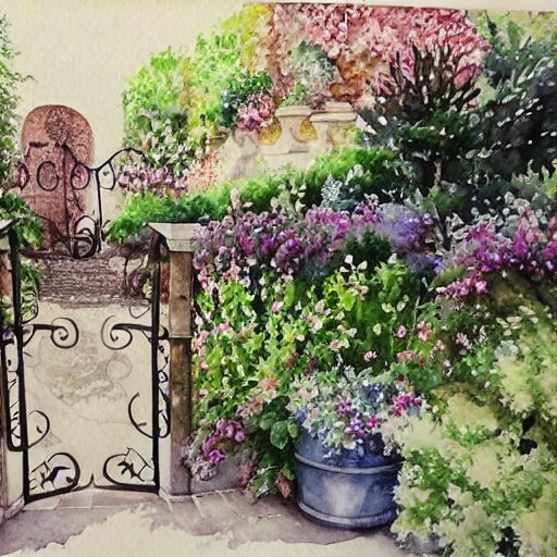 delicate, garden, paved, botanic watercolors, iridescent, 8 k, realistic shaded, fine details, artstation, italian, chairs, iron gate, pine maritime, mediterranean 