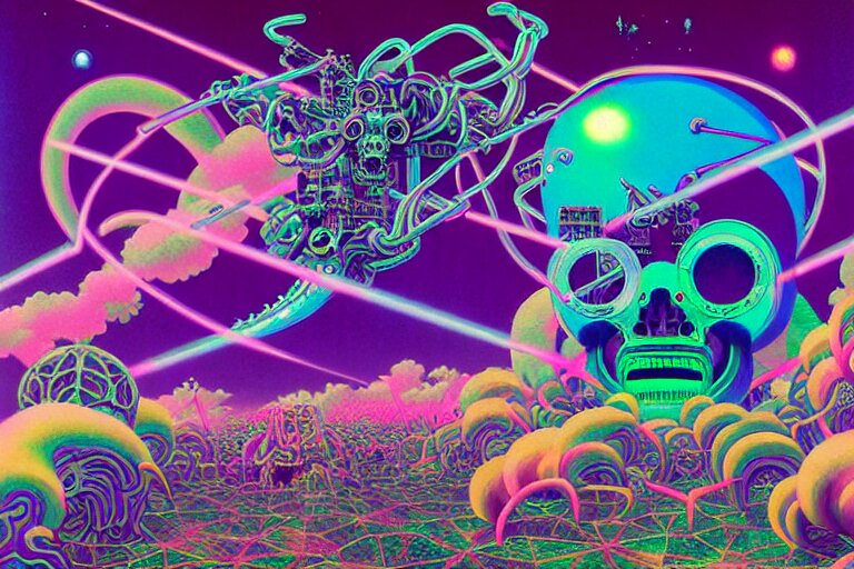 vaporwave ombre, sinister eldritch neural diaphanous skullpunk spirits in the enchanted intergalactic mecha garden, man - machine chimeric beholder polyphemous by okuda san miguel by jerimiah ketner by tatsuyuki tanaka by agostino arrivabene and wayne england 