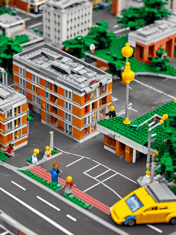 detailed miniature lego diorama a soviet residential building, brutalism architecture, car parking nearby, elderly man passing by, warm and joyful atmosphere, summer, streetlamps, several birches nearby 