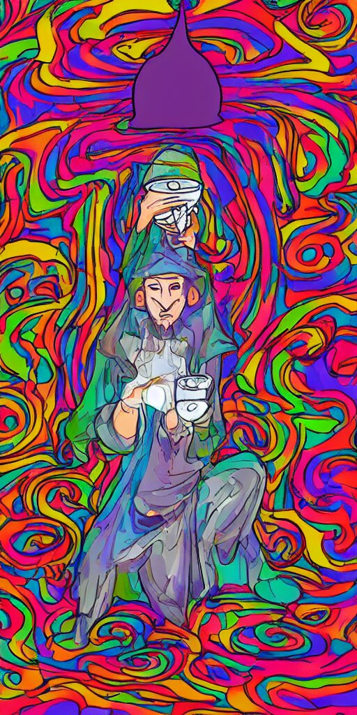 a mystical man with a goblet on the table, wizard hat, psychedelic, Korean animation