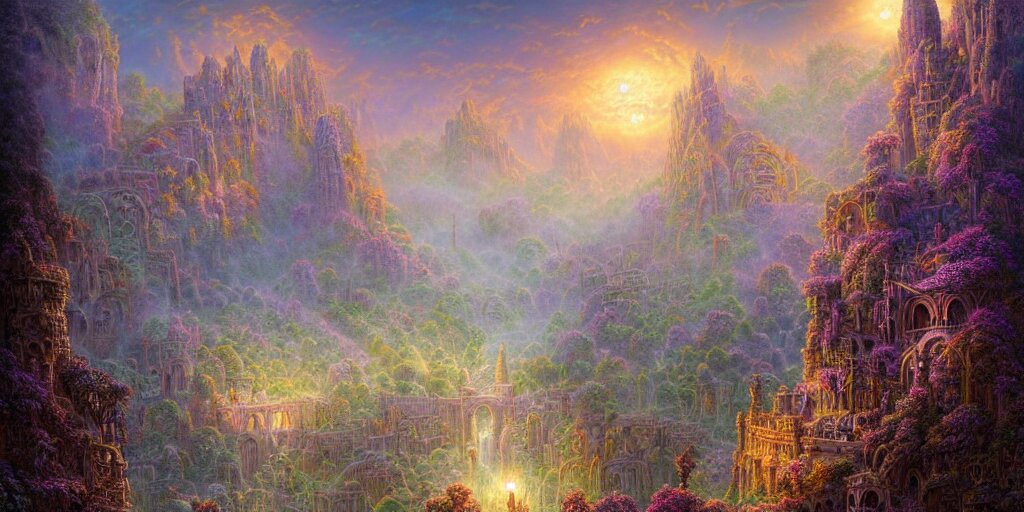 intricate detailed misty valley of ruins fantasy at dawn. Lisa Frank, james gurney,dan luvisi,Petros Afshar,tim hildebrandt,liam wong,Mark Riddick,thomas kinkade,ernst haeckel,dan mumford,trending on artstation,josephine wall, WLOP ,cgsociety by Gediminas Pranckevicius, trending on cgsociety and DeviantArt