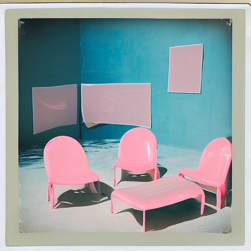 a pastel colour high fidelity Polaroid art photo from a holiday album at a pink desert with abstract inflatable parachute furniture, all objects made of transparent iridescent Perspex and metallic silver, no people, iridescence, nostalgic