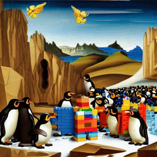 penguins playing with legos, renaissance painting 