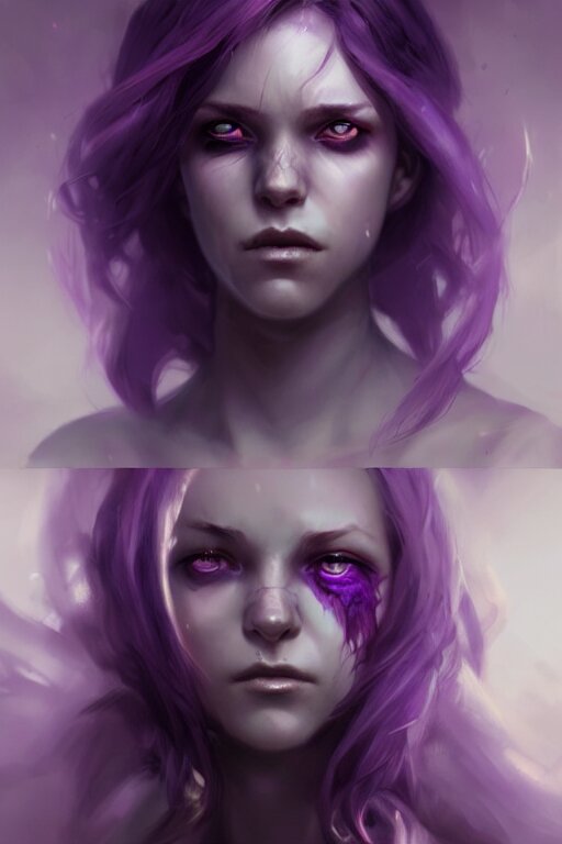 character art by bastien lecouffe - deharme, young woman, purple hair, glowing purple eyes 