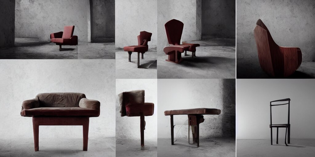 furniture designs in the style of Jordi Albinyana, design sheet, Les Edwards, Zdzislaw Beksinski, Carl Gustav Carus, John Harris, Michal Karcz, Zhang Kechun, Mikko Lagerstedt, Scott Listfield, Steven Outram, Jessica Rossier.