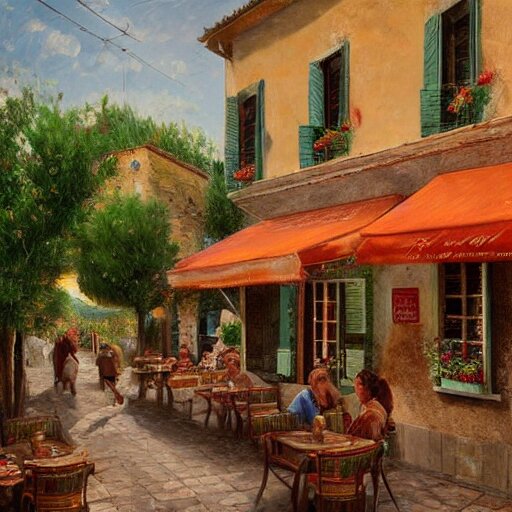 a traditional pizzeria in the street of a small village on the riviera. a terrace in the shade of a hundred - year - old olive tree, a friendly atmosphere around pizzas and rose wine. dolce vita. unreal engine rendering, hyper realist, ultra detailed, oil painting, warm colors, happy, impressionism, da vinci, 