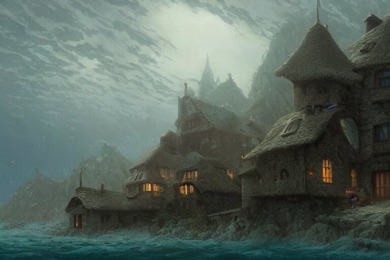 submerged underwater!!!! on the ocean floor, a typical european house with a slate roof, school of fishes, scenic view, matte painting by christophe vacher and hubert robert, trending on artstation 