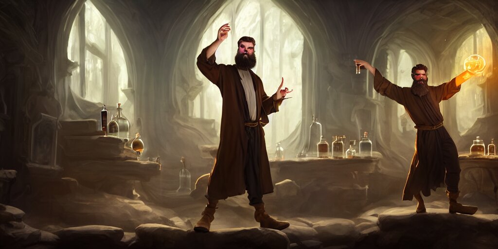a handsome bearded caucasian male sorcerer with brown hair he is casting a spell with flowing energy, he is in a alchemist lab filled with beakers and equipment, neutral pose, epic composition, 4 k, light rays, super coherent, by dave melvin 1. 0 | dan luvisi 2. 0 | greg rutkowski 0. 5 