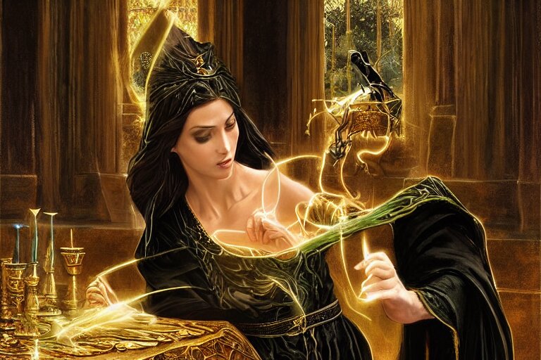 a beautiful sorceress wearing a black robe with gold embroidery, sitting at table, casting a spell, green glows, painted by artgerm and john williams waterhouse, in the style of magic the gathering, highly detailed digital art 