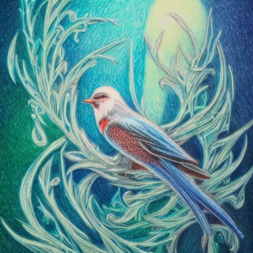  Colored pencil art on paper, Frost Spirit Bird, highly detailed, artstation, MasterPiece, Award-Winning, Caran d'Ache Luminance