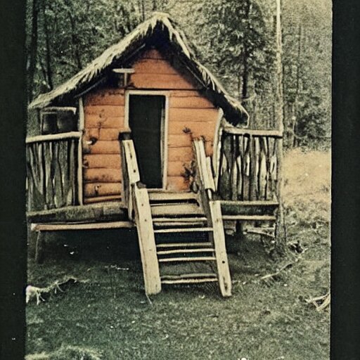 A vintage photo of a witches hut with a witch standing on the Porch, 70s, vintage, old