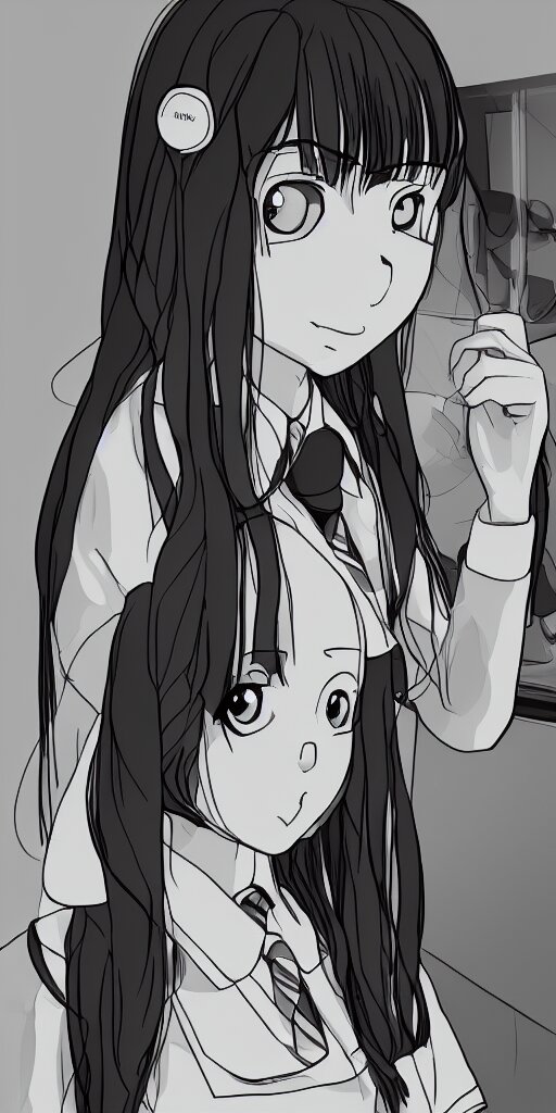 potrait of a schoolgirl in a classroom mirror, digital art, anime style, 8 k, black and white 