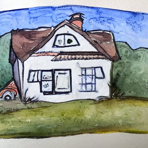 a watercolor and ink painting of a cottage, drawn on white parchment paper 