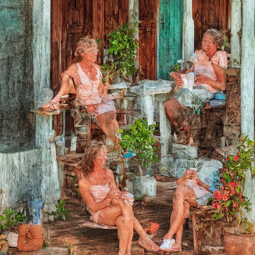 a beautiful woman with freckles sitting on the porch, caribbean, digital art