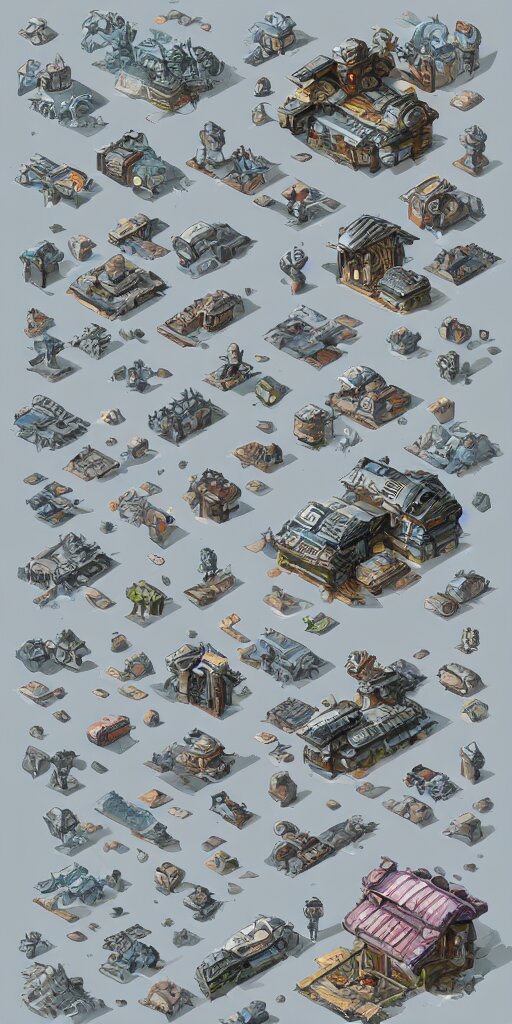 houses and shops with detailed architecture. old wrecked alien spaceships. pixel art asset sheet. isometric perspective. concept art. science fiction. 