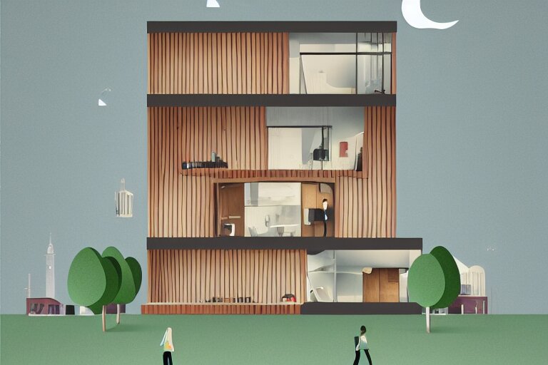 a beautiful flat 2 dimensional illustration of a cross section of a house, view from the side, a storybook illustration by muti, colorful, minimalism, featured on dribble, unique architecture, behance hd, dynamic composition 