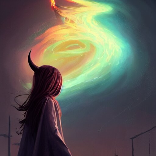 a slender wizard with horned mask levitating inside a wind twister colored like the rainbow, art by greg rutkowski, by ilya kuvshinov, digital art, artstation, detailed, realistic, long hair 