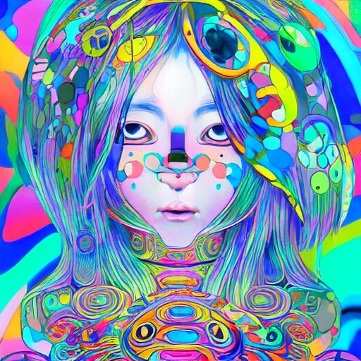 a psychedelic portait of a girl by takashi murakami,, beeple and james jean, aya takano color style, 4 k, super detailed, night sky, digital art, digital painting, celestial, majestic, colorful 