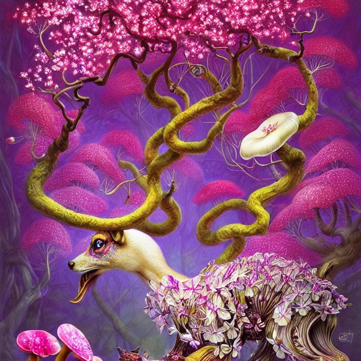 extremely psychedelic animal made of orchid and cherry blossom tree and mushroom, LSD, diffuse lighting, fantasy, intricate, elegant, highly detailed, lifelike, photorealistic, digital painting, artstation, illustration, concept art, smooth, sharp focus, art by John Collier and Albert Aublet and Krenz Cushart and Artem Demura and Alphonse Mucha