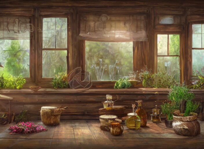 rustic oil painting, interior view of a cluttered herbalist cottage, waxy candles, wood furnishings, herbs hanging, light bloom, dust, ambient occlusion, rays of light coming through windows, oil painting