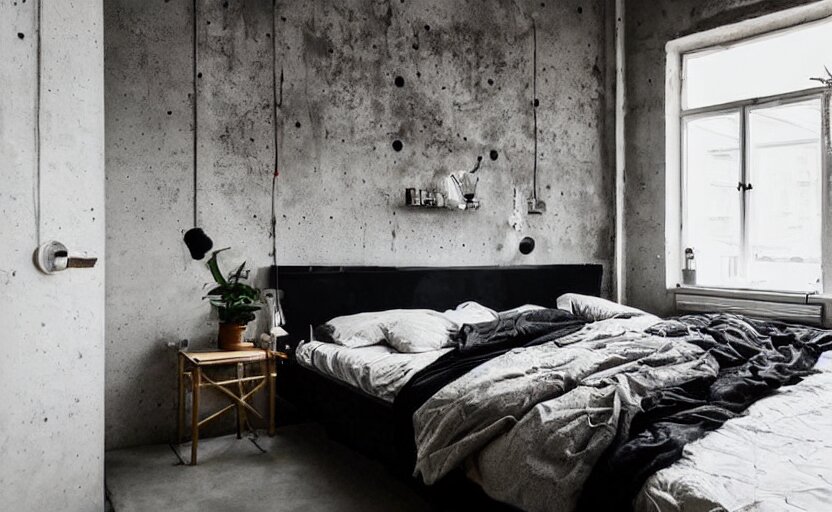 berlin style compact bedroom interior, concrete, punk design, bed, neon lights, modernism, white, beige, black, minimalism, blackboard, industrial, pipes, little windows, plants 