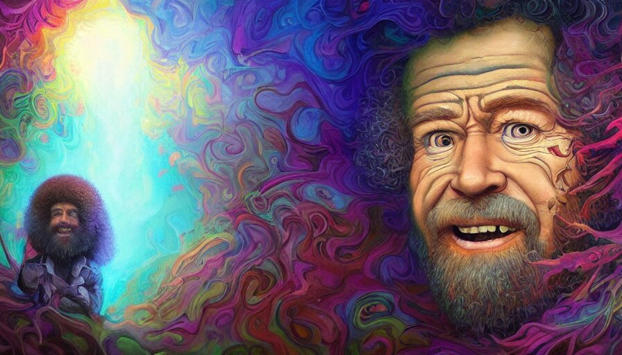 bob ross on a psychedelic trip with an open mouth and glowing eyes, staring, close - up, deep focus, extremely detailed digital painting, vibrant colors, in the style of tomasz alen kopera and fenghua zhong and peter mohrbacher, mystical colors, rim light, beautiful lighting, 8 k, stunning scene, raytracing, octane, trending on artstation 