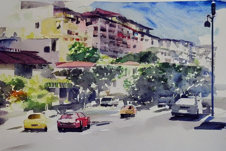 !! watercolor!! penang road in a sunny day, artwork by tooth wu, colorful contrast,!!!! very coherent!!!!, dark shadow, thick lineart 