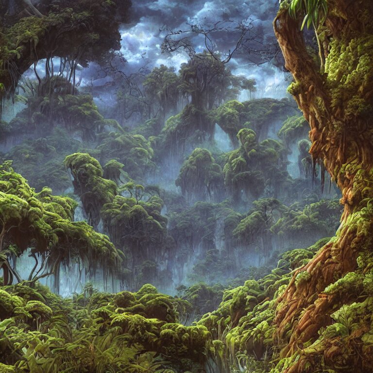 digital painting of a lush natural scene on an alien planet by gerald brom. digital render. detailed. beautiful landscape. wet. 