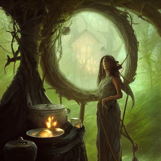 Epic portrait an witch brewing green liquid from cauldron, Blurry cabin backround, glowing, digital painting, artstation, concept art, soft light, hdri, smooth, sharp focus, illustration, fantasy, intricate, elegant, highly detailed, D&D, matte painting, in the style of Greg Rutkowski and Alphonse Mucha and artemisia, 8k, highly detailed, jurgens, rutkowski, bouguereau, pastoral, rustic, georgic